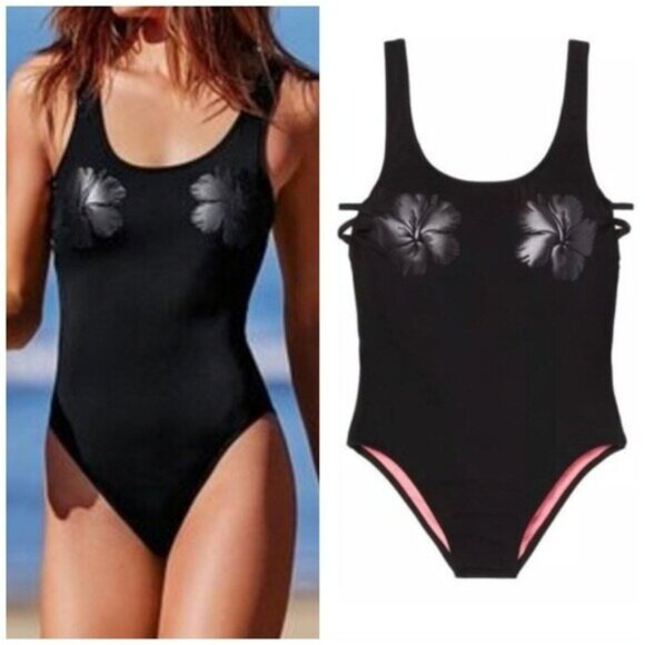 Victorias Secret PINK  Swimsuit Size Large Black One Piece Hibiscus Flower - Picture 1 of 6